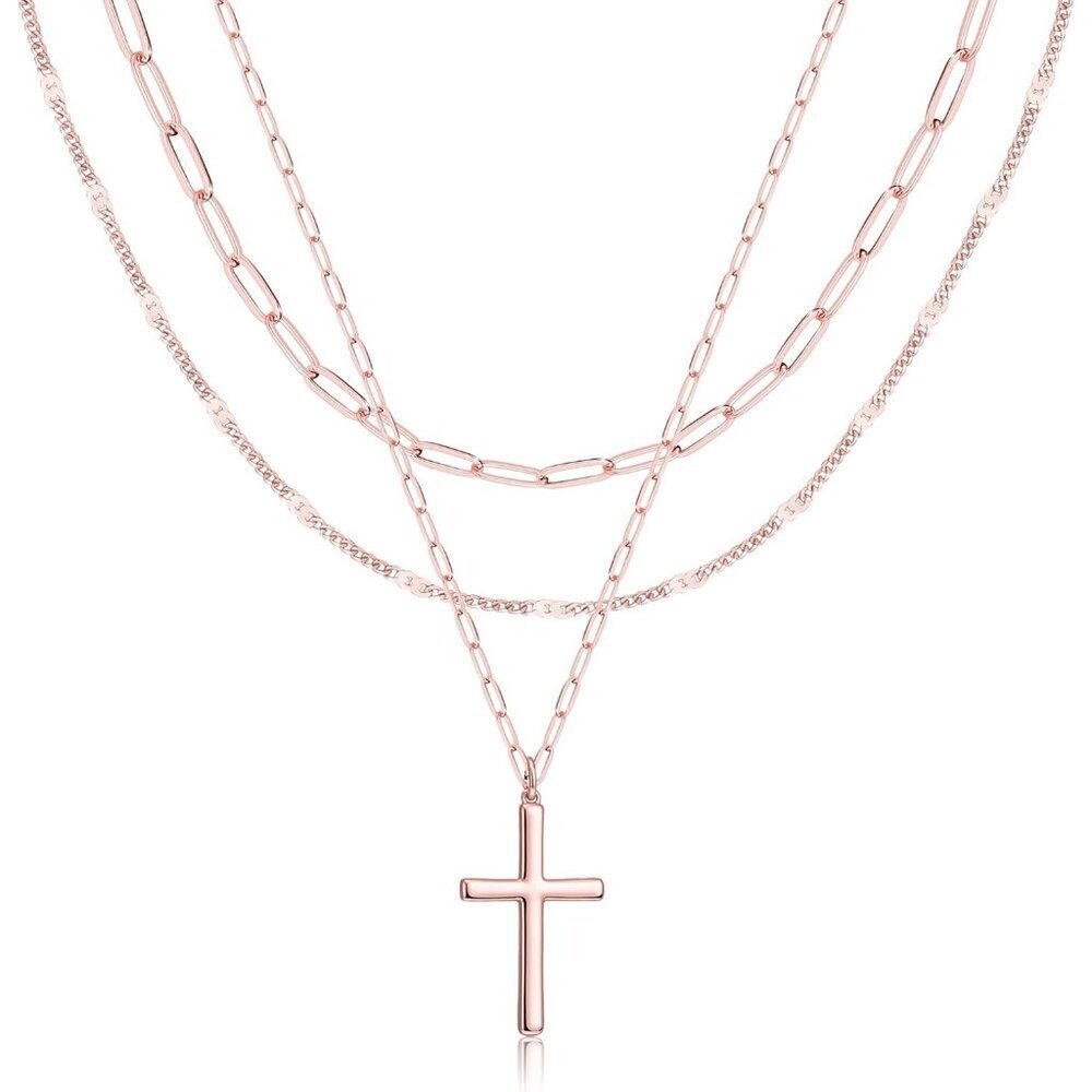 Women's Rose Gold Cross Layered Necklaces Simple Paperclip Choker Dot Chain